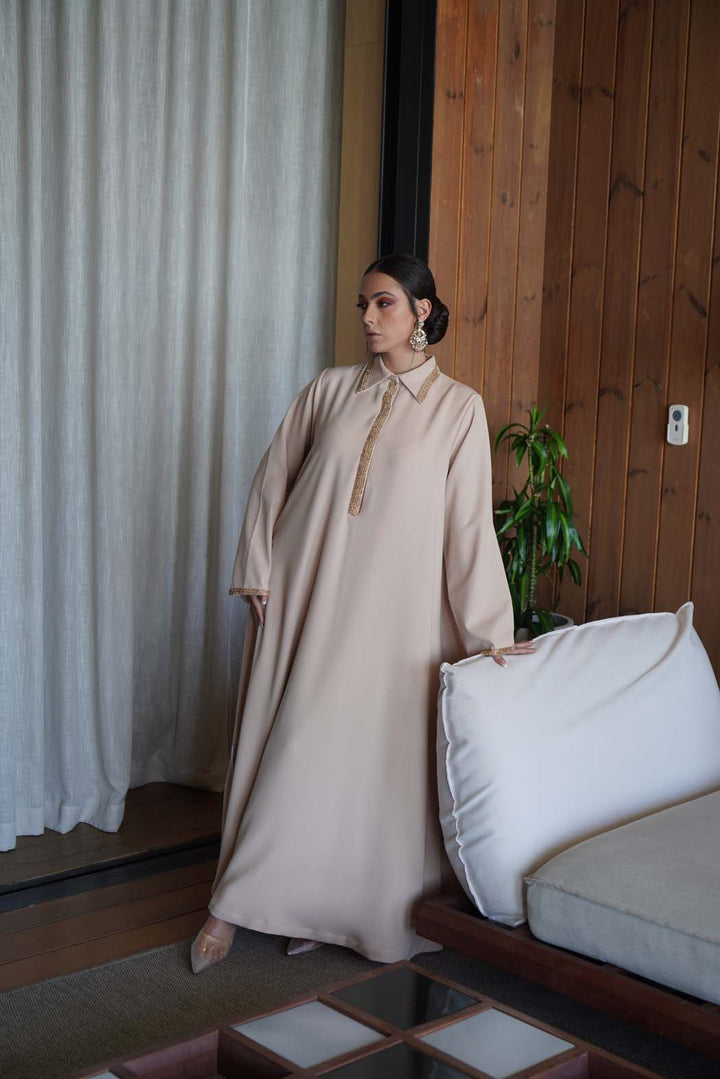 Pearl Radiance" Beige Kaftan / Jalabiya with Gold Embroidery