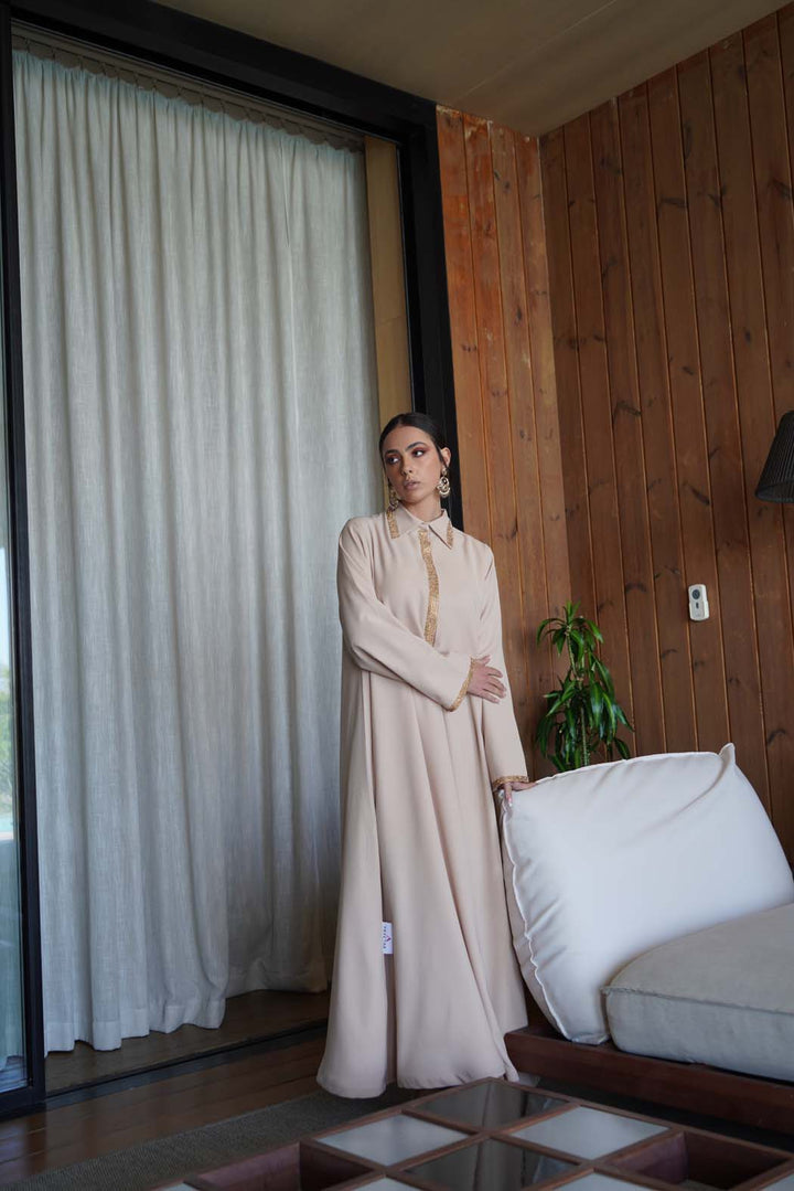 Pearl Radiance" Beige Kaftan / Jalabiya with Gold Embroidery