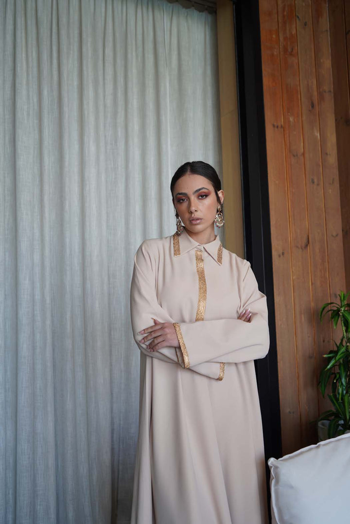 Pearl Radiance" Beige Kaftan / Jalabiya with Gold Embroidery