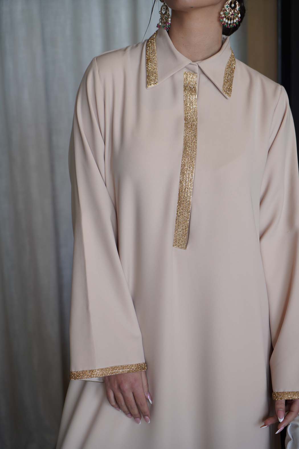 Pearl Radiance" Beige Kaftan / Jalabiya with Gold Embroidery