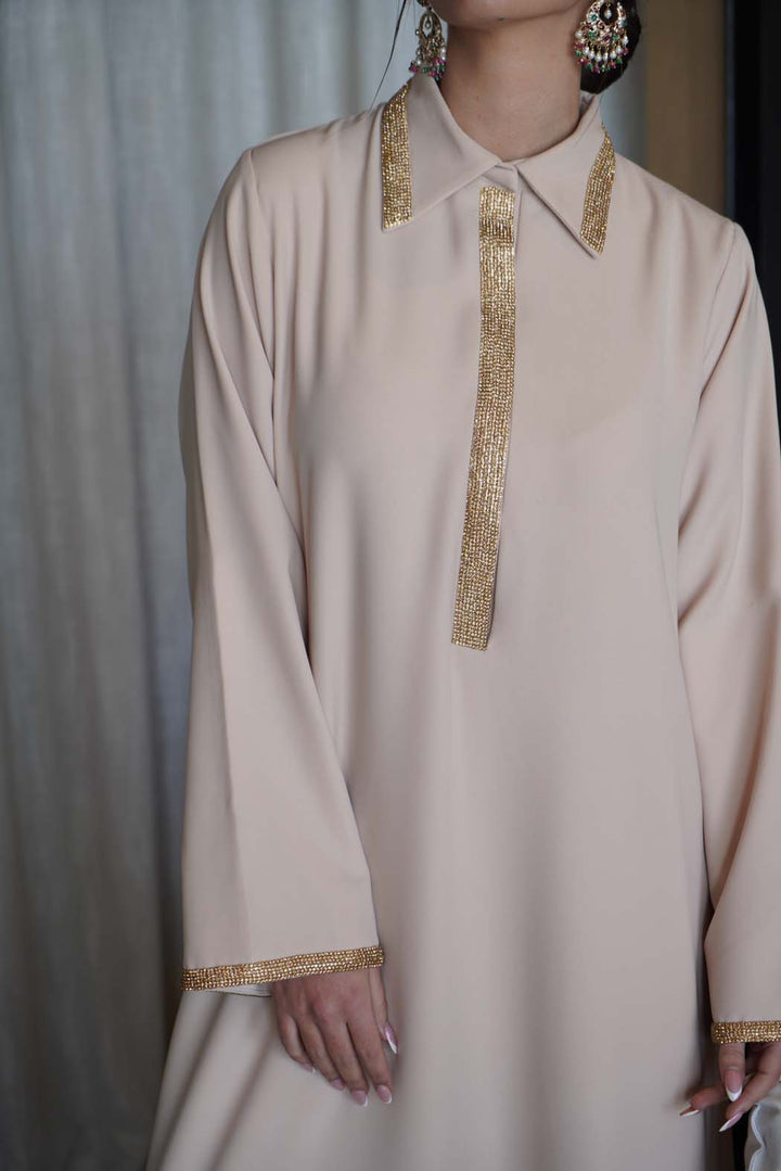 Pearl Radiance" Beige Kaftan / Jalabiya with Gold Embroidery