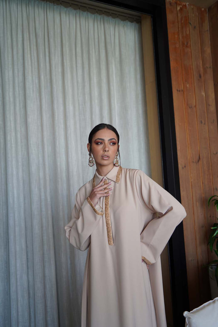 Pearl Radiance" Beige Kaftan / Jalabiya with Gold Embroidery