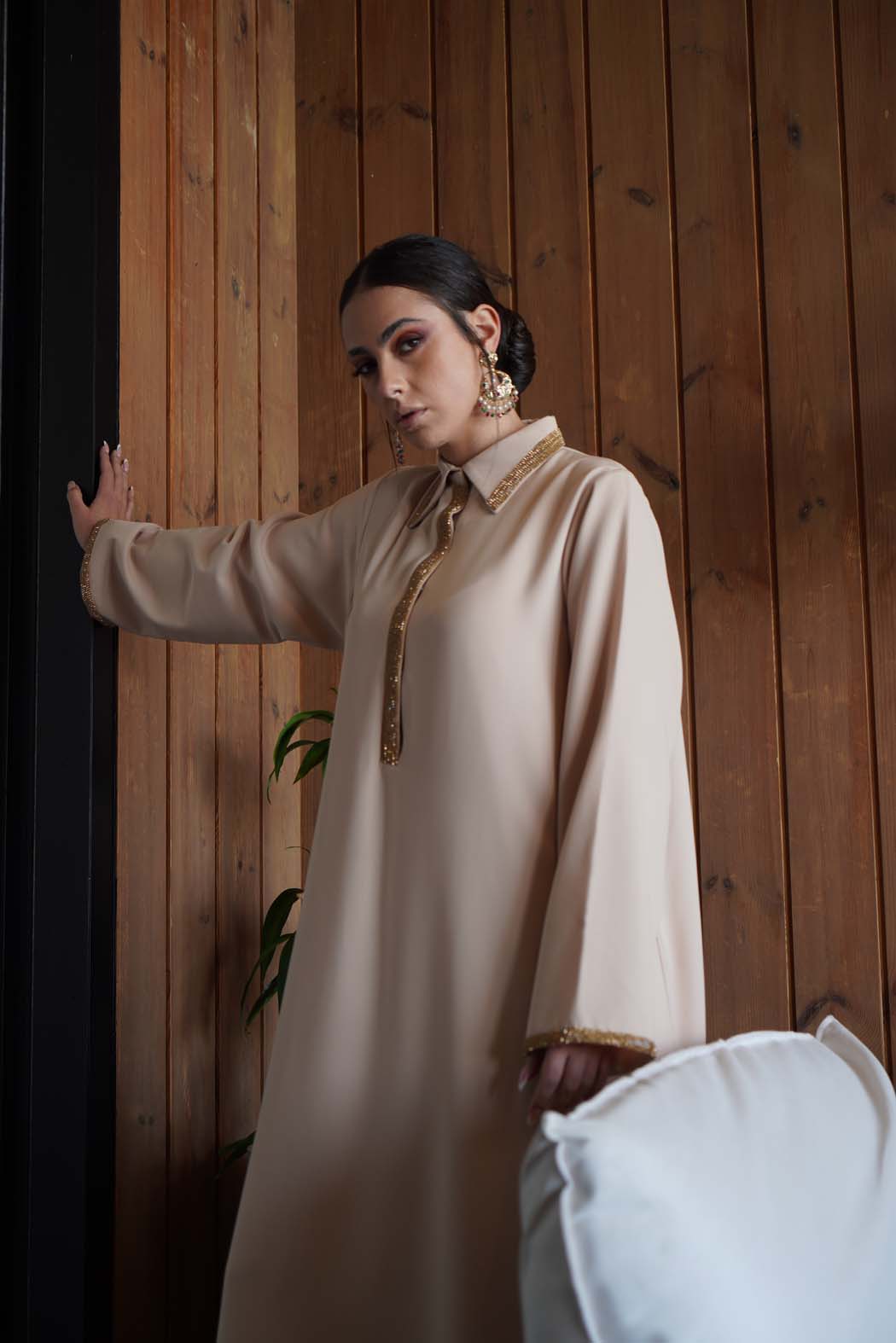 Pearl Radiance" Beige Kaftan / Jalabiya with Gold Embroidery