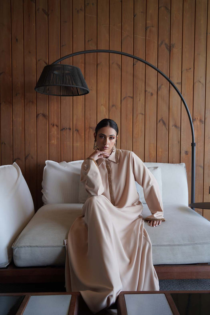 Pearl Radiance" Beige Kaftan / Jalabiya with Gold Embroidery
