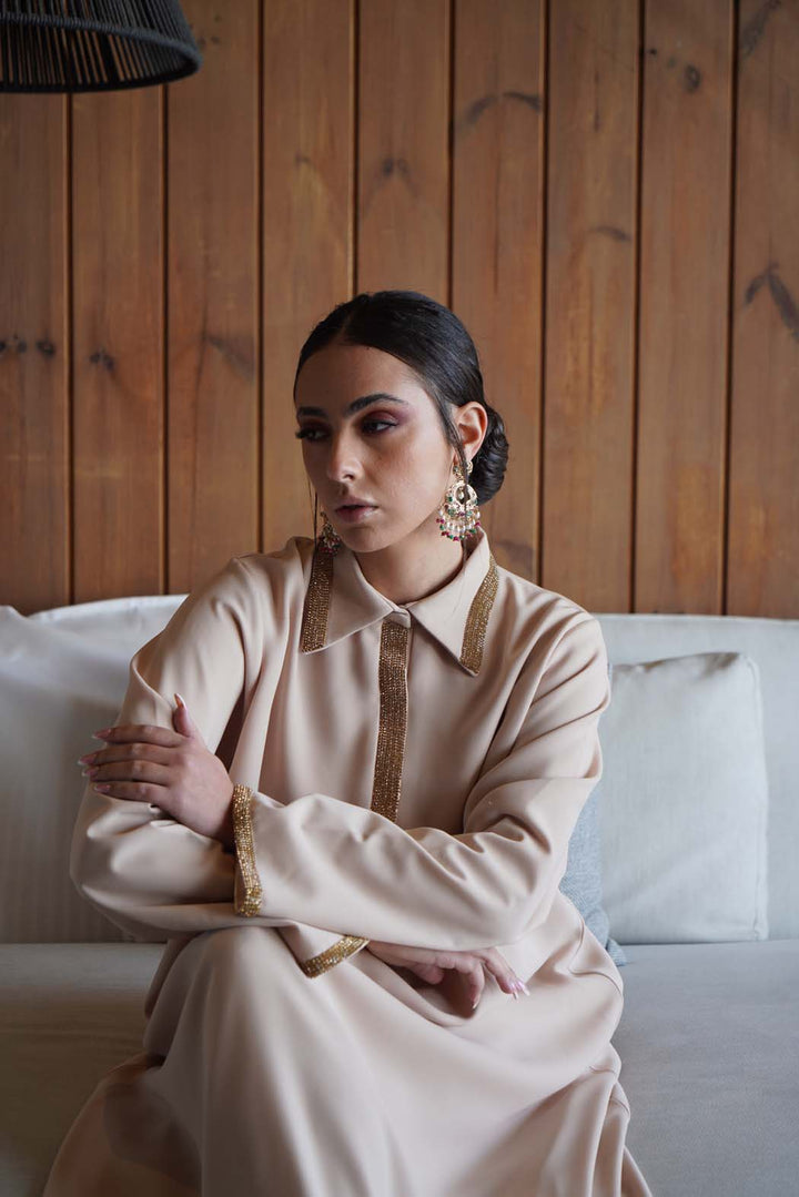 Pearl Radiance" Beige Kaftan / Jalabiya with Gold Embroidery