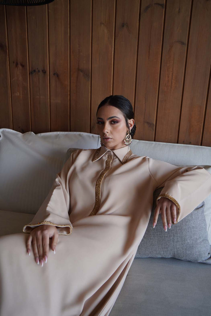 Pearl Radiance" Beige Kaftan / Jalabiya with Gold Embroidery