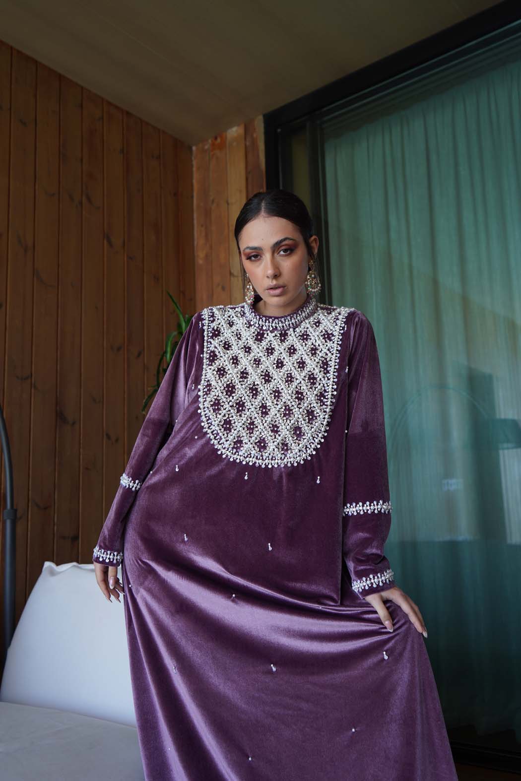 Royal Plum" Luxury Velvet Kaftan / Jalabiya with Pearl Embroidery FROM FAVITAA