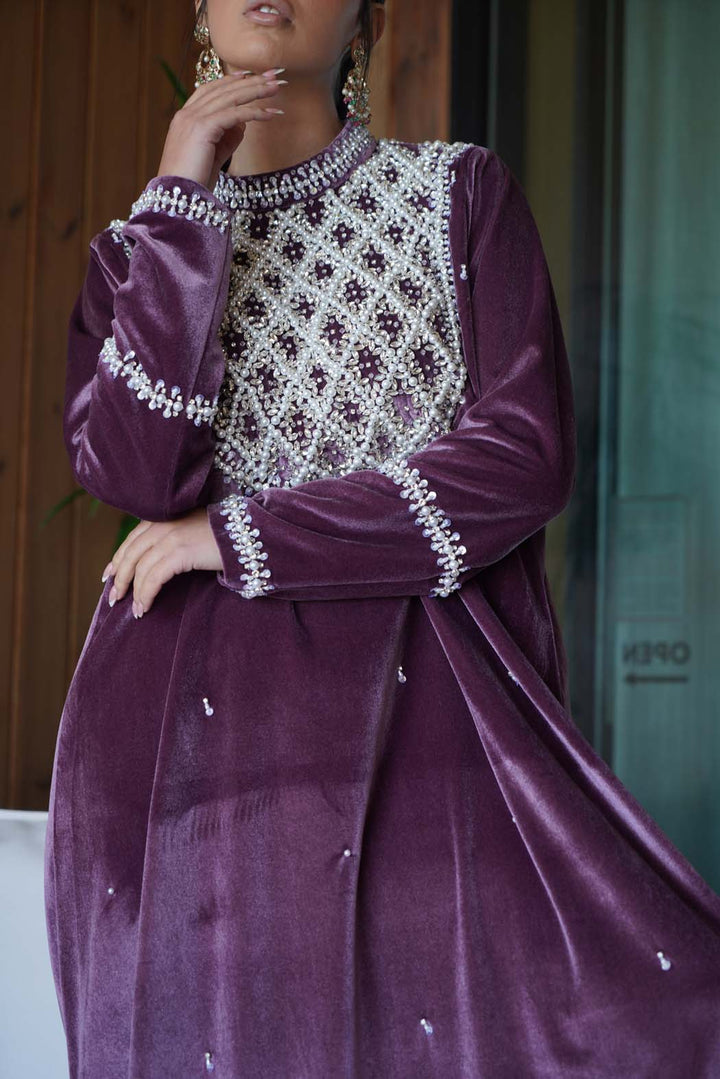 Royal Plum" Luxury Velvet Kaftan / Jalabiya with Pearl Embroidery FROM FAVITAA