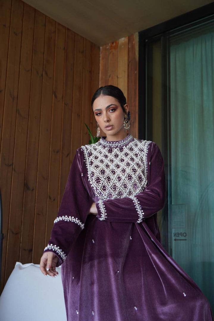 Royal Plum" Luxury Velvet Kaftan / Jalabiya with Pearl Embroidery FROM FAVITAA