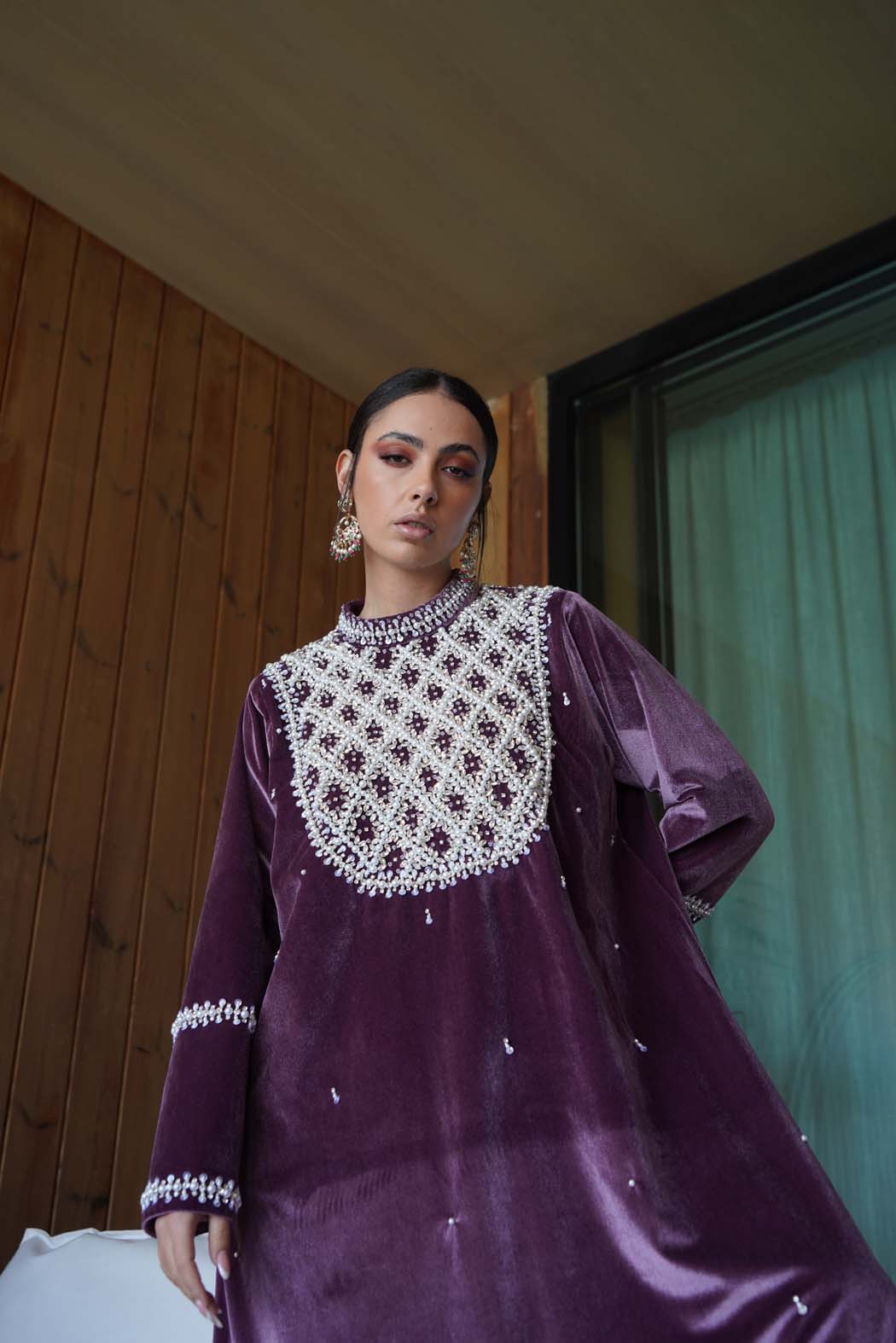 Royal Plum" Luxury Velvet Kaftan / Jalabiya with Pearl Embroidery FROM FAVITAA