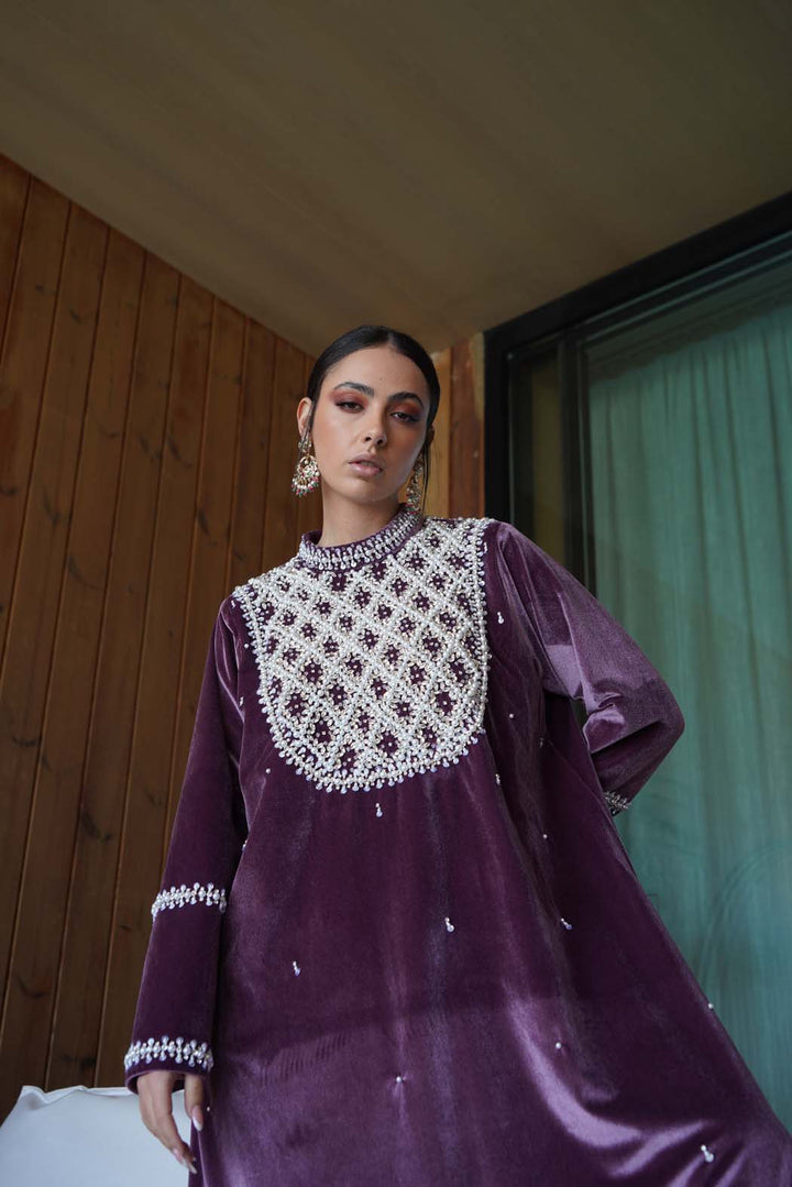 Royal Plum" Luxury Velvet Kaftan / Jalabiya with Pearl Embroidery FROM FAVITAA