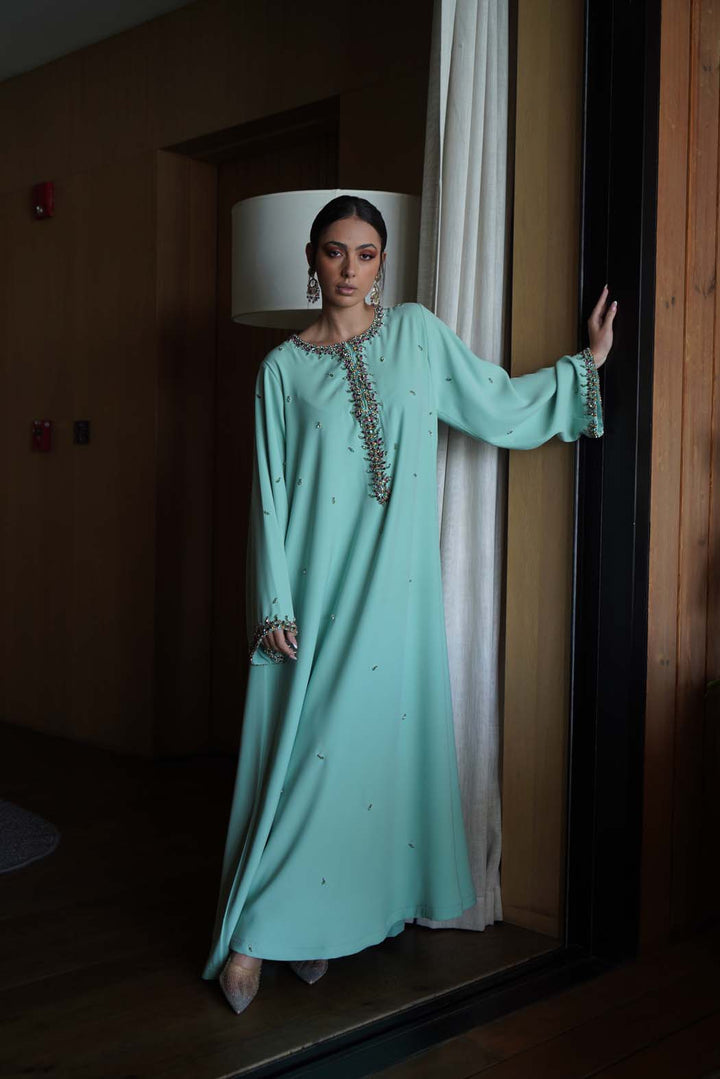 Mint Green Jalabiya with Cascading Crystal Embroidery