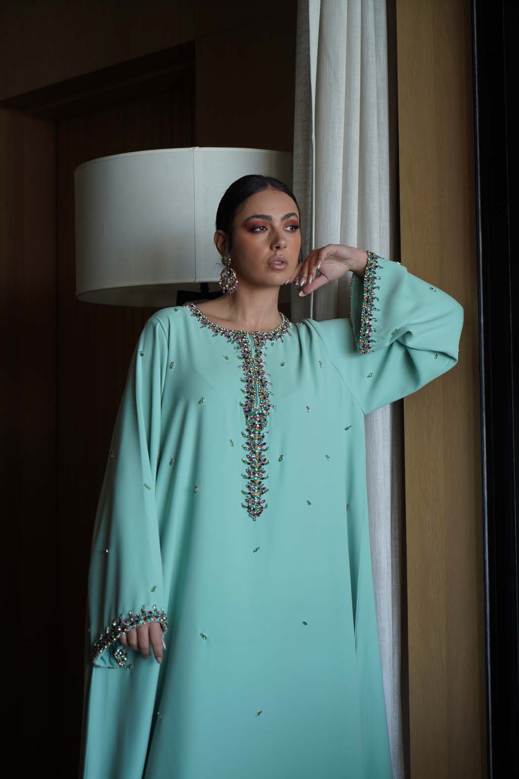 Mint Green Jalabiya with Cascading Crystal Embroidery