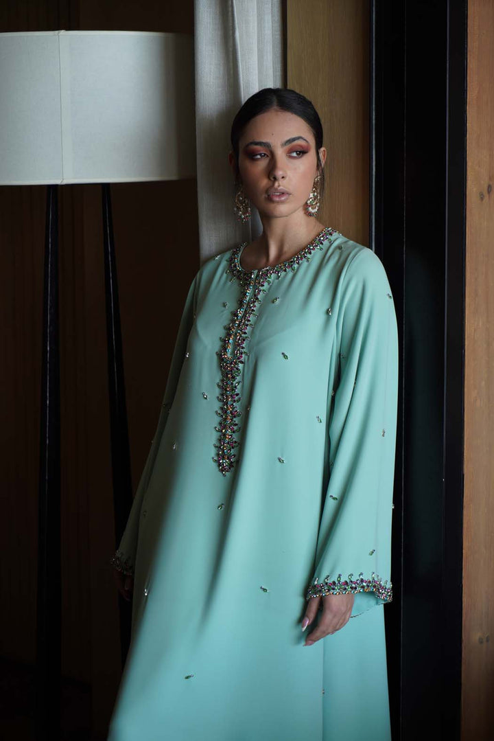 Mint Green Jalabiya with Cascading Crystal Embroidery