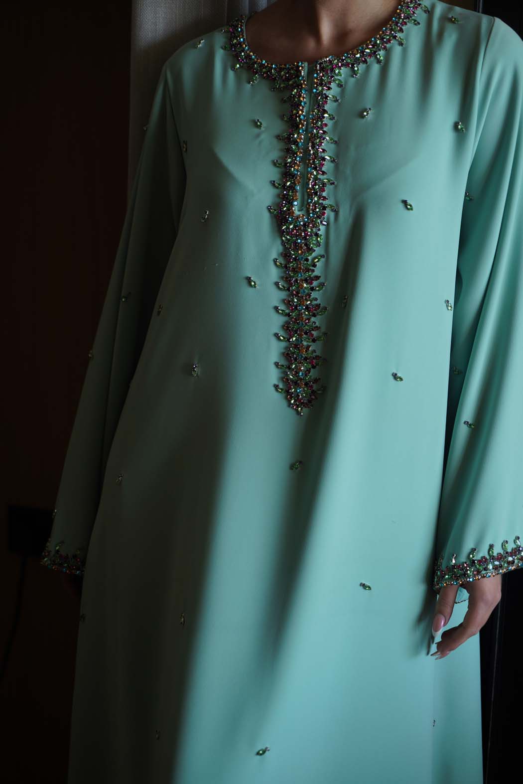 Mint Green Jalabiya with Cascading Crystal Embroidery