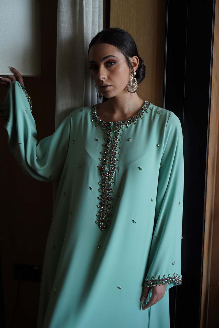 Mint Green Jalabiya with Cascading Crystal Embroidery