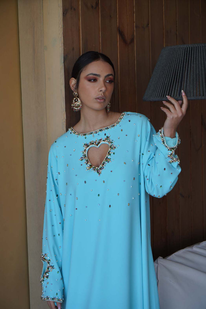 Luxurious Sky Blue Jalabiya with Shimmering Heart Embroidery