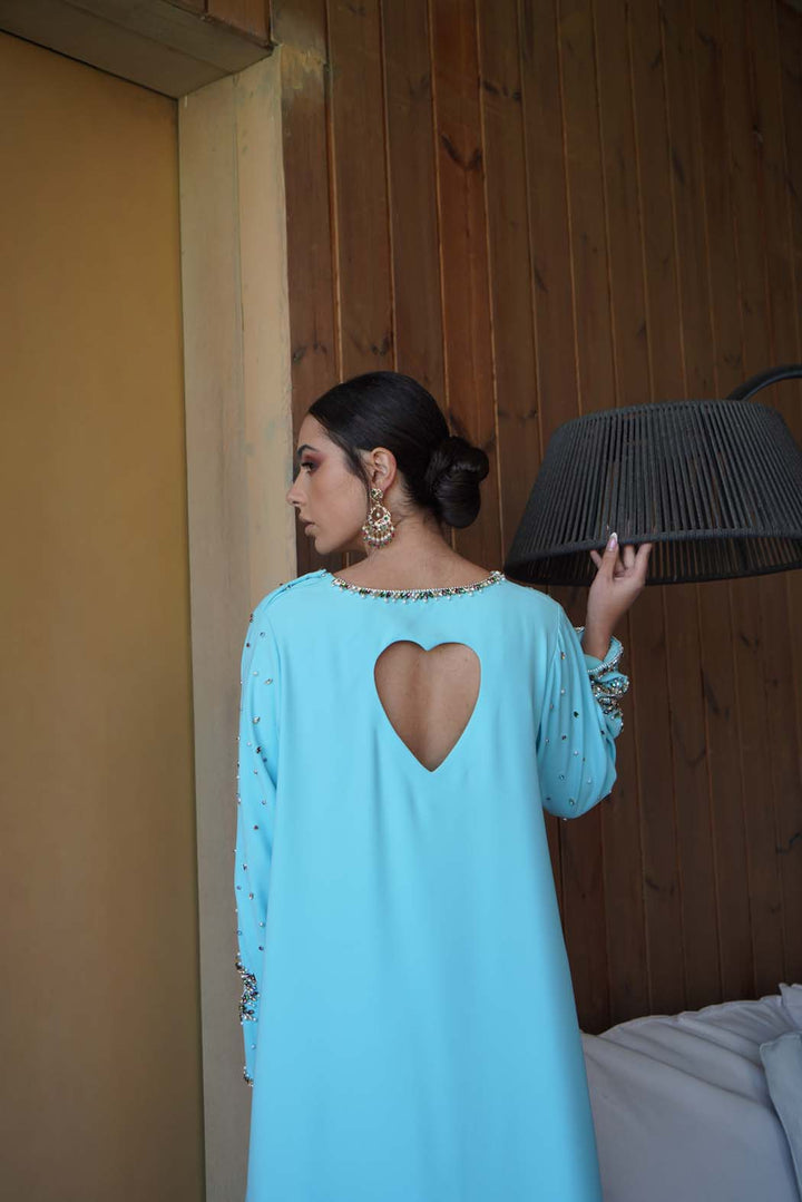 Luxurious Sky Blue Jalabiya with Shimmering Heart Embroidery