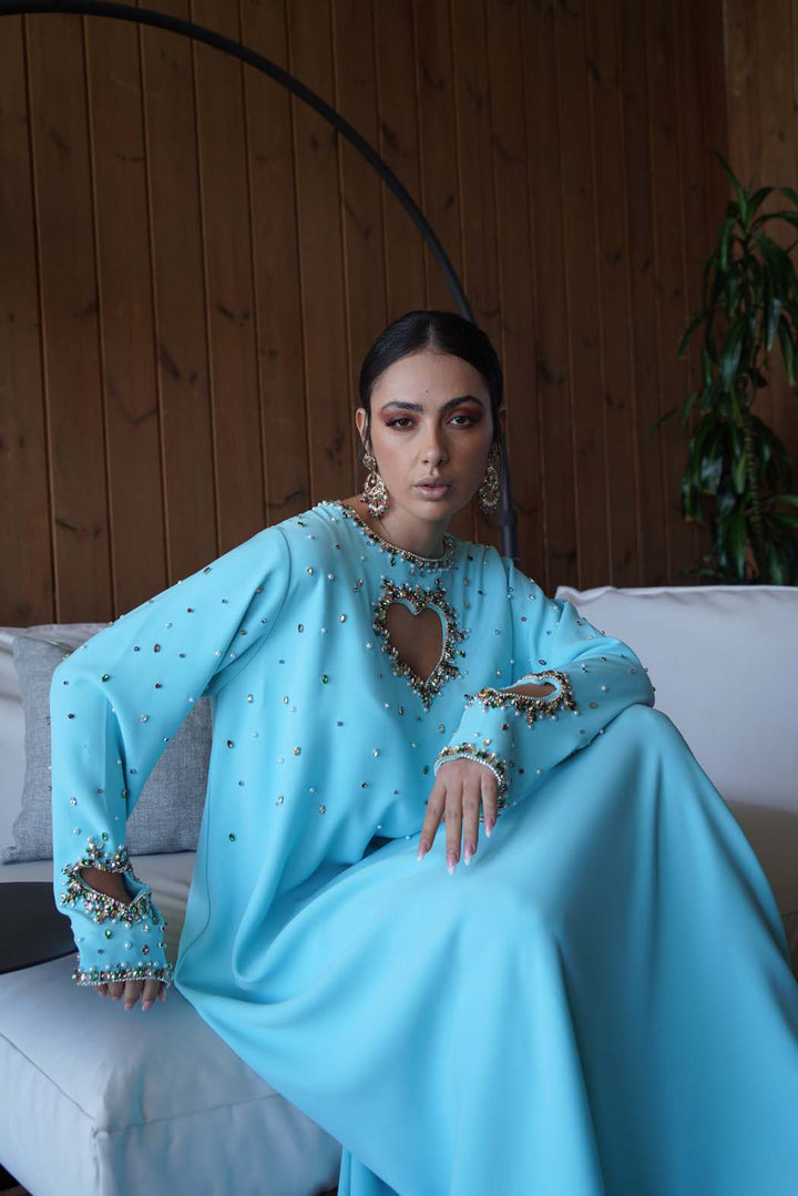 Luxurious Sky Blue Jalabiya with Shimmering Heart Embroidery