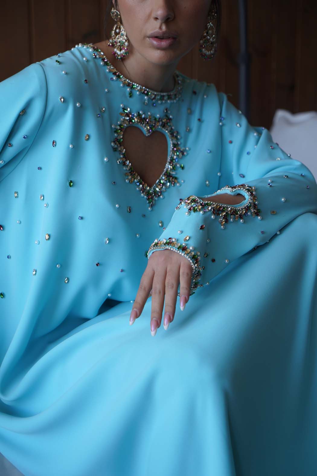 Luxurious Sky Blue Jalabiya with Shimmering Heart Embroidery