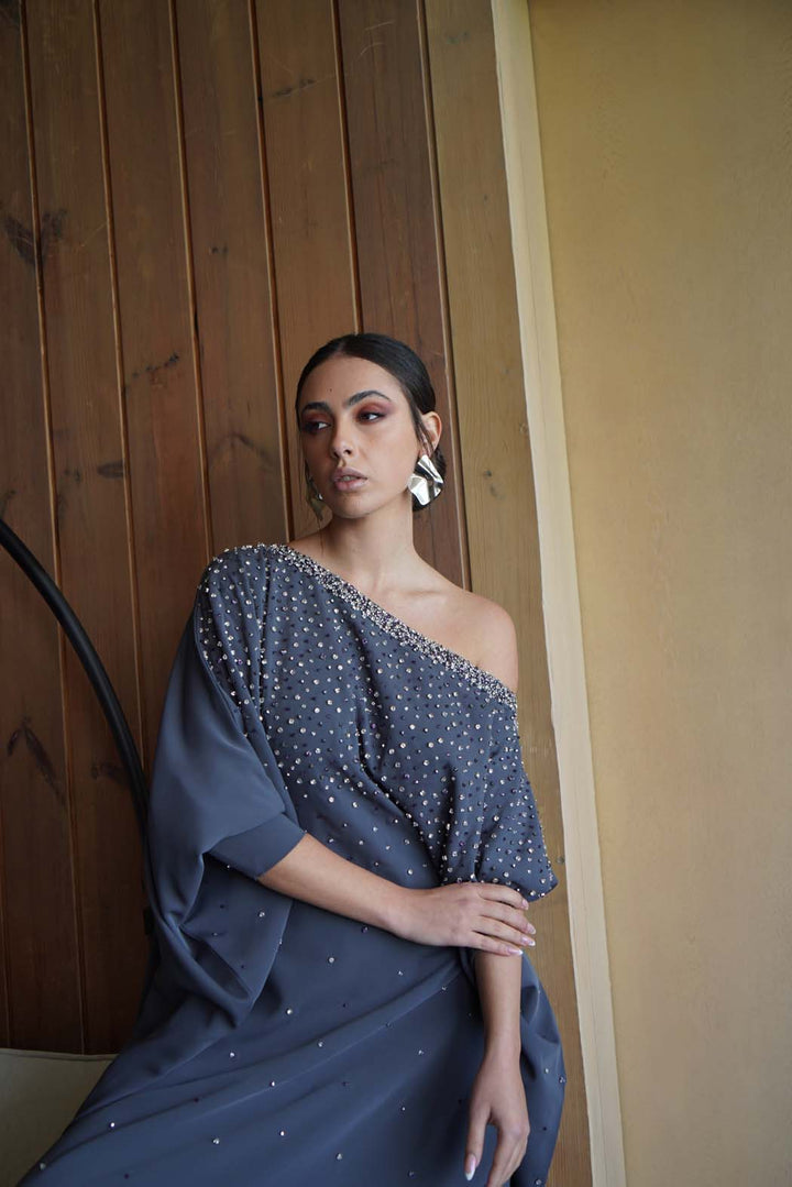 Shimmering Grey Evening Jalabiya with Off-Shoulder Design