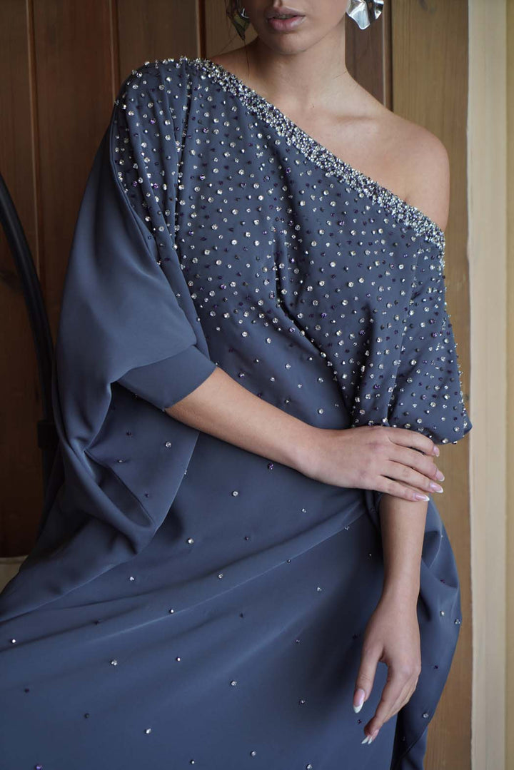 Shimmering Grey Evening Jalabiya with Off-Shoulder Design