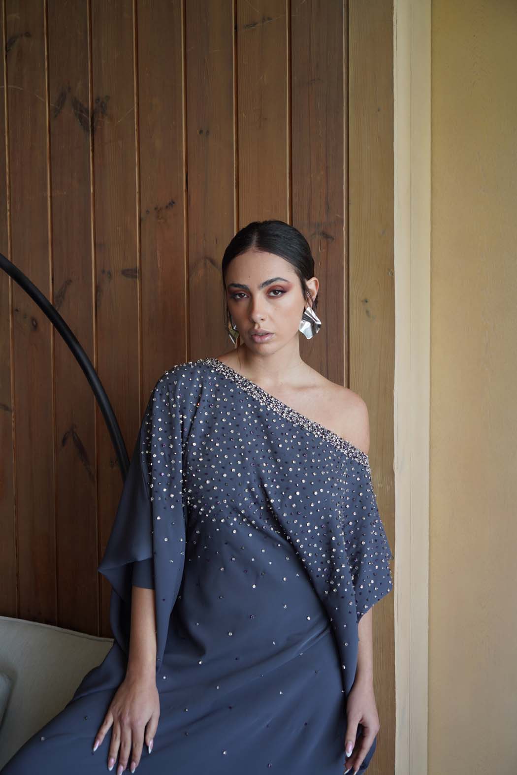 Shimmering Grey Evening Jalabiya with Off-Shoulder Design