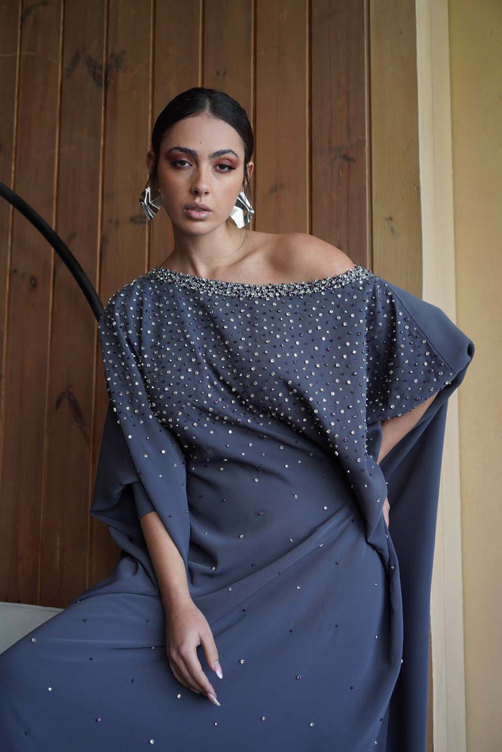 Shimmering Grey Evening Jalabiya with Off-Shoulder Design