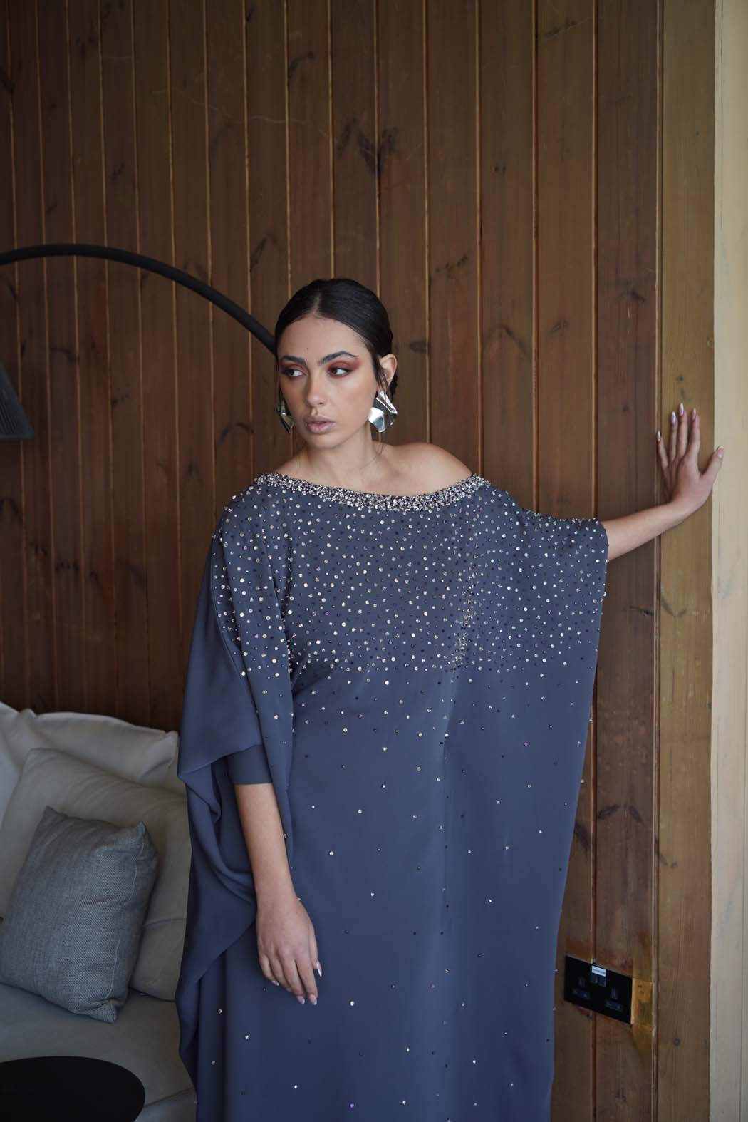 Shimmering Grey Evening Jalabiya with Off-Shoulder Design