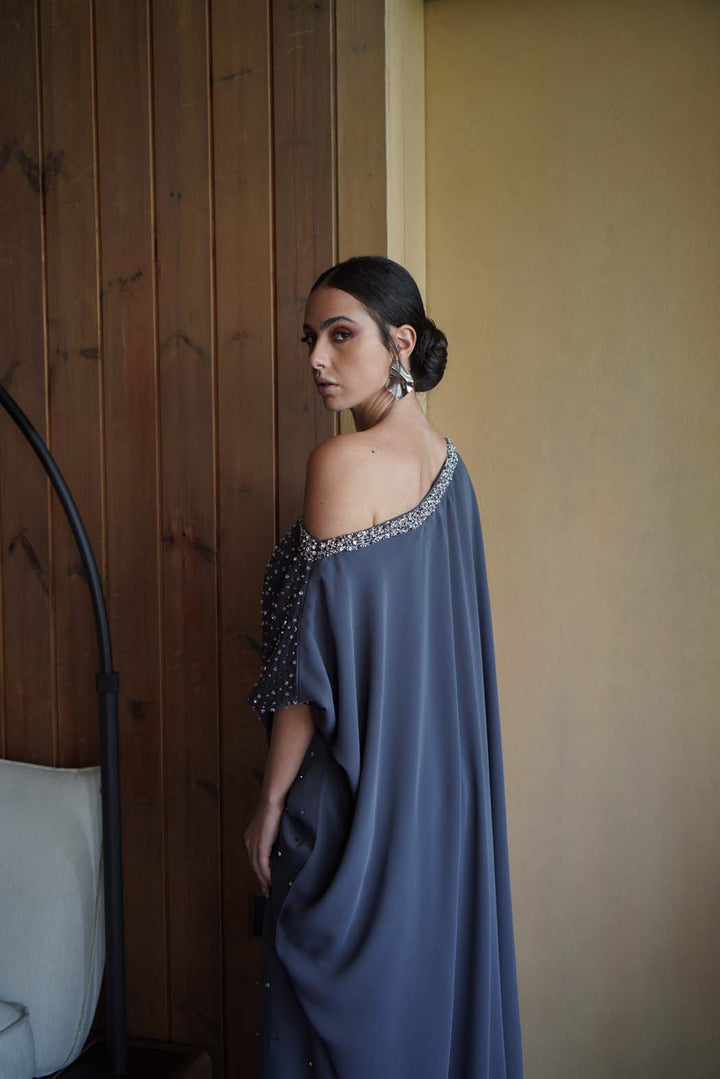 Shimmering Grey Evening Jalabiya with Off-Shoulder Design