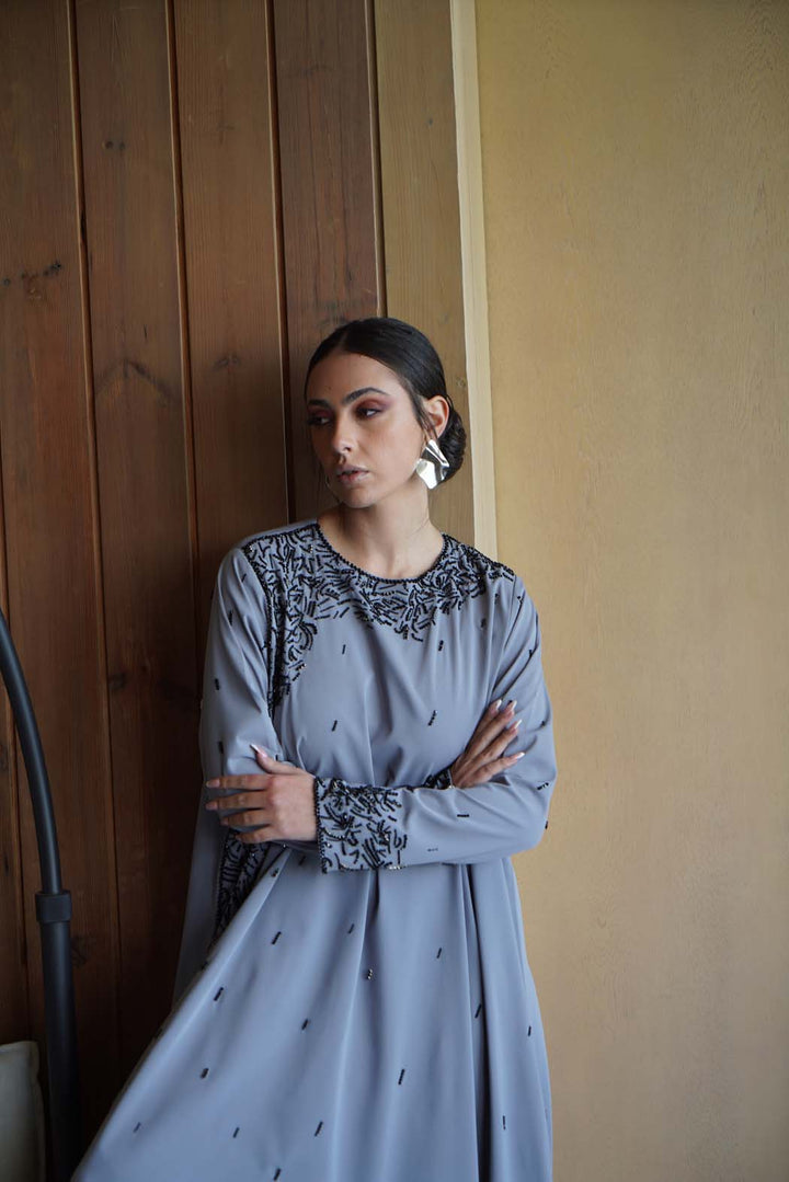 Elegant Grey Jalabiya with Luxurious Black Embroidery