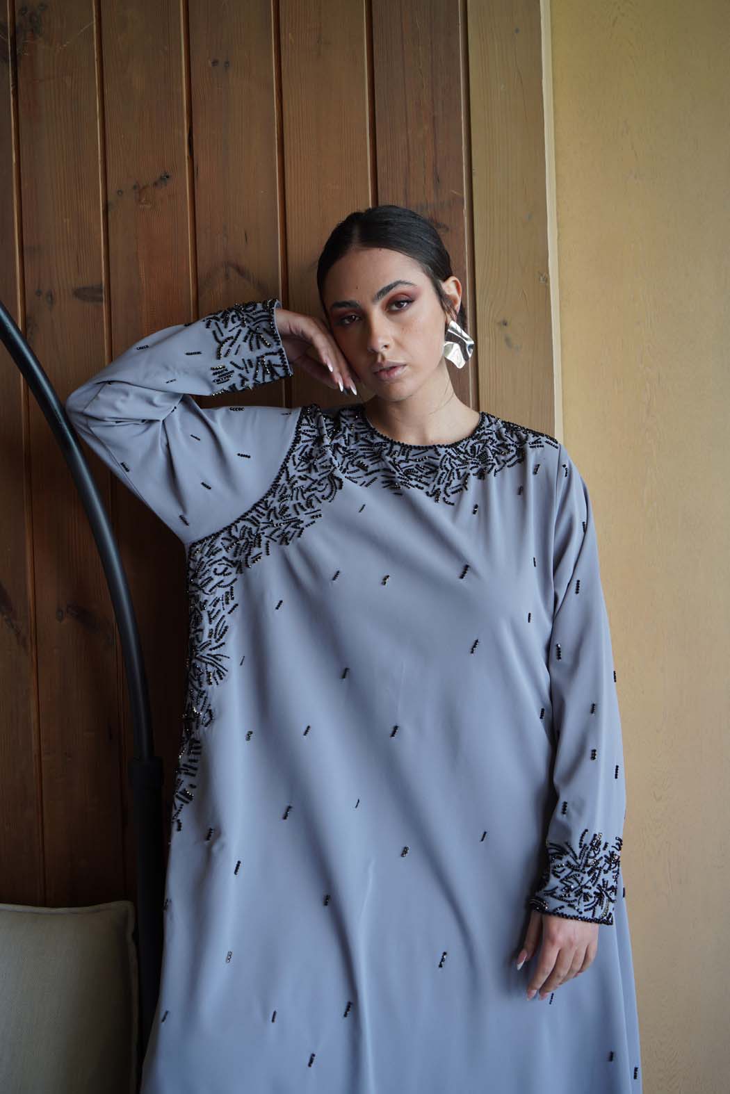 Elegant Grey Jalabiya with Luxurious Black Embroidery