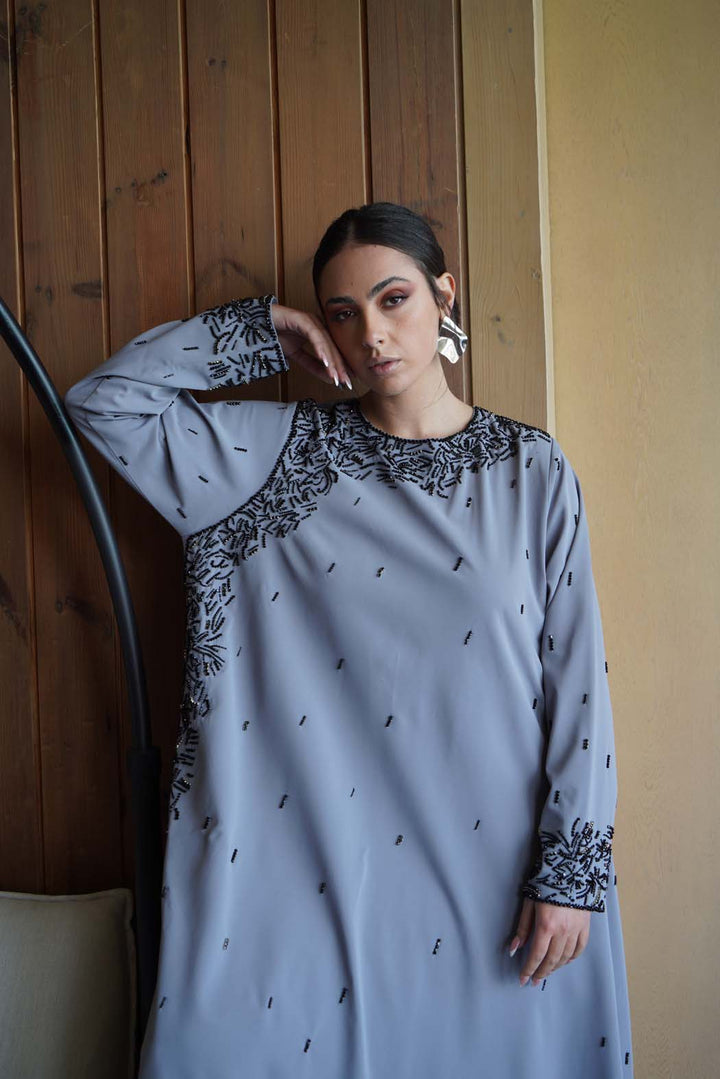 Elegant Grey Jalabiya with Luxurious Black Embroidery