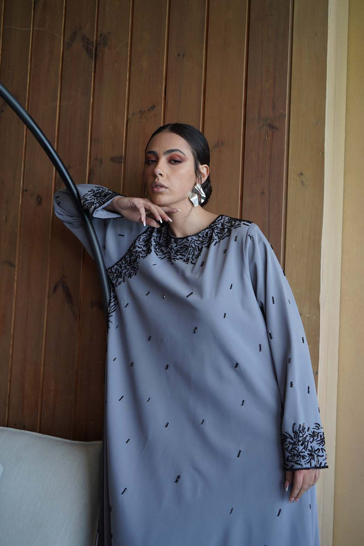 Elegant Grey Jalabiya with Luxurious Black Embroidery