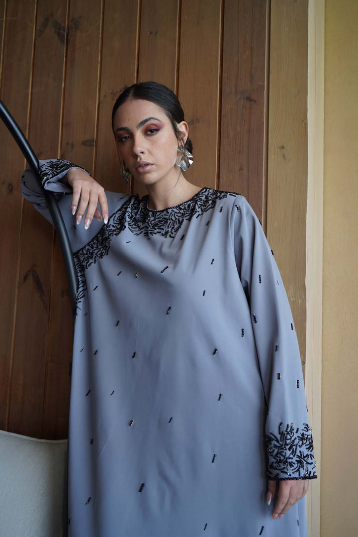 Elegant Grey Jalabiya with Luxurious Black Embroidery