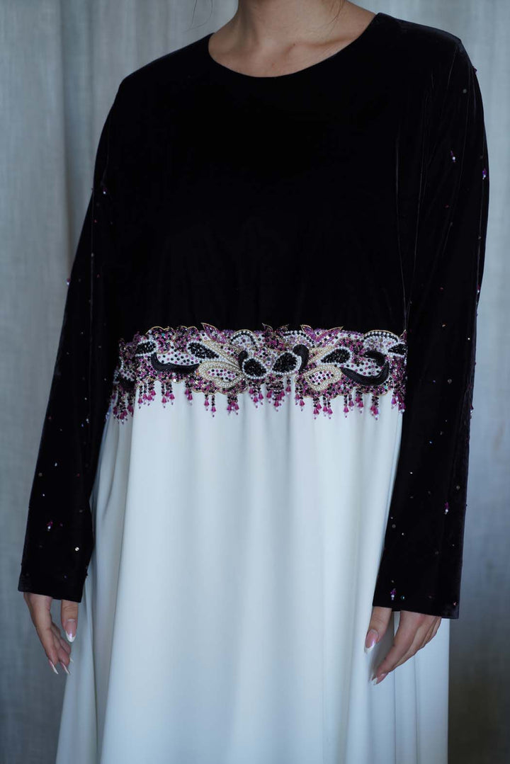 Elegant Two-Tone Velvet & White Embroidered Jalabiya