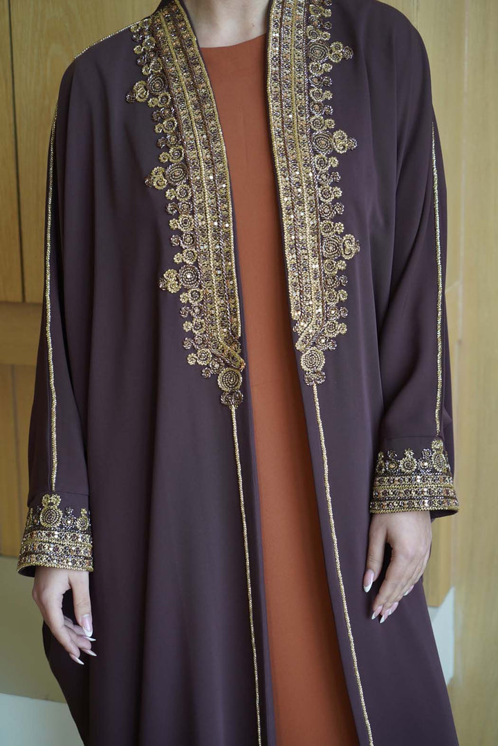 Regal Plum Abaya with Dazzling Gold Embroidery