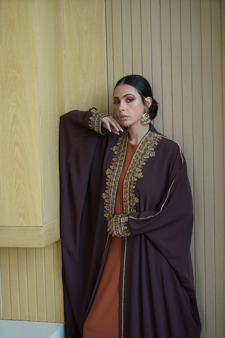 Regal Plum Abaya with Dazzling Gold Embroidery