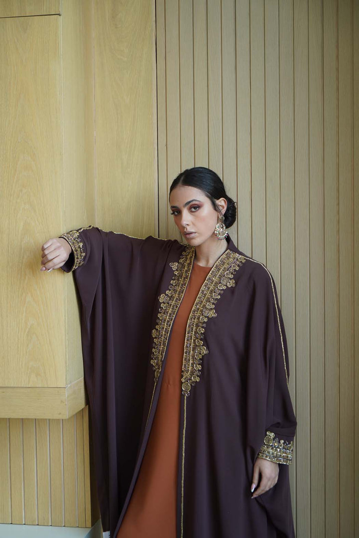 Regal Plum Abaya with Dazzling Gold Embroidery