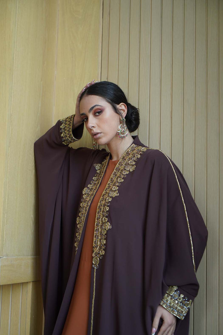 Regal Plum Abaya with Dazzling Gold Embroidery