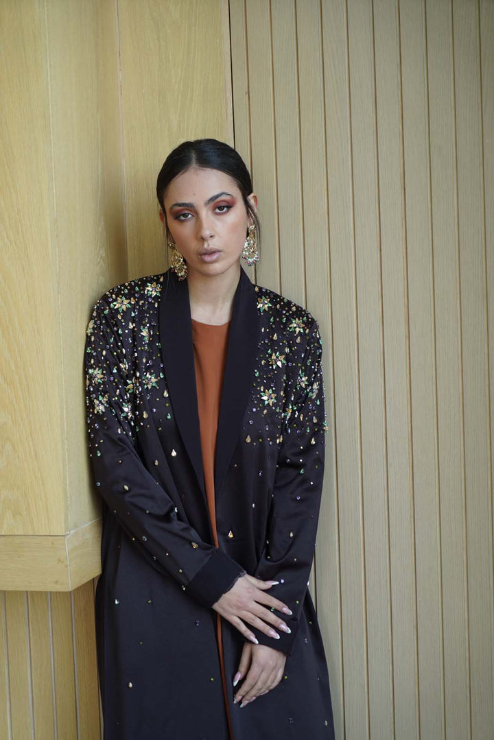 Starlit Night Abaya: Multi-Colored Embellishments on Deep Black