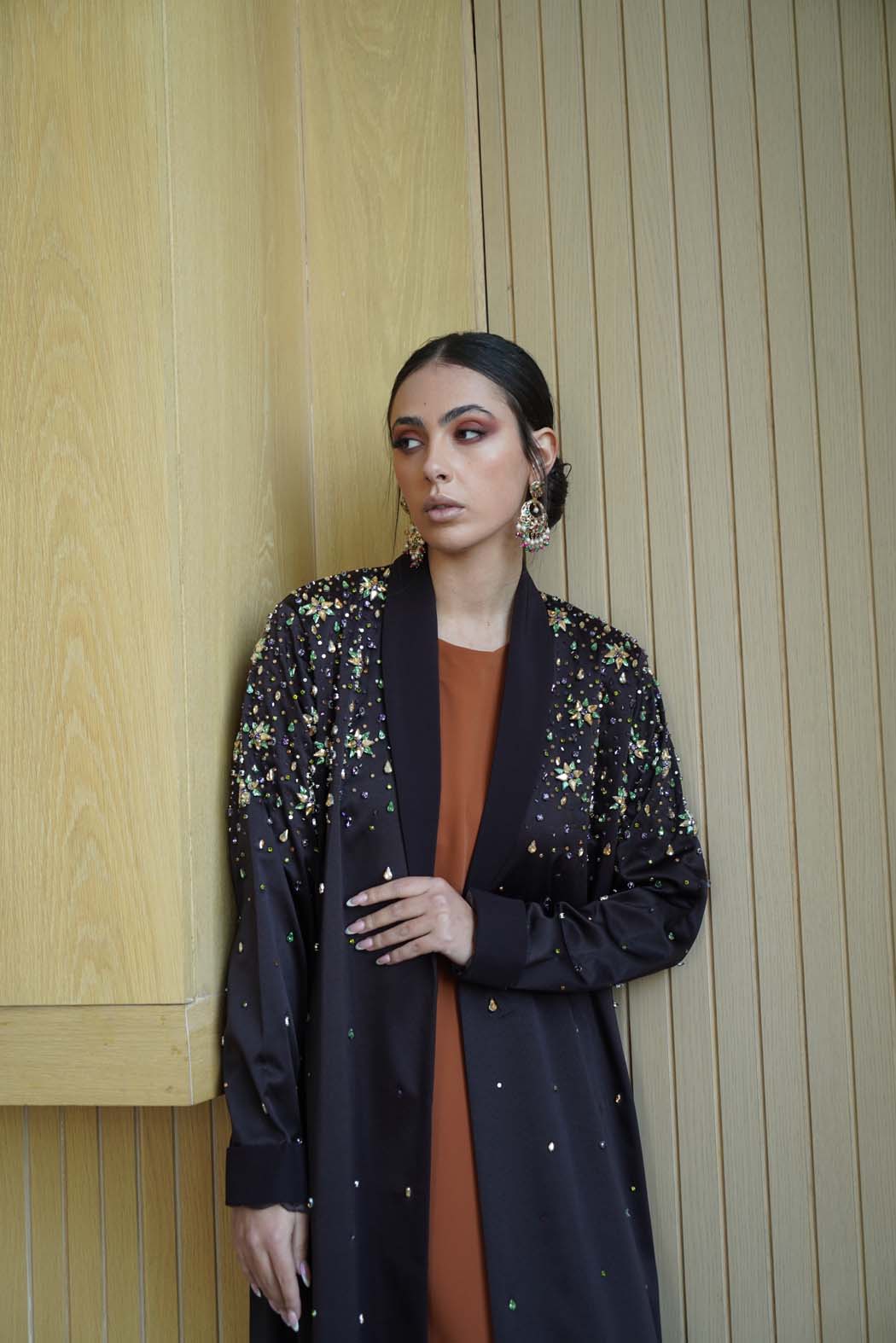 Starlit Night Abaya: Multi-Colored Embellishments on Deep Black