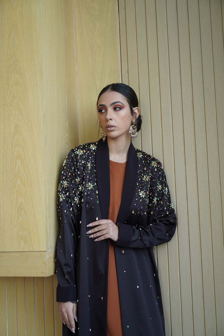 Starlit Night Abaya: Multi-Colored Embellishments on Deep Black