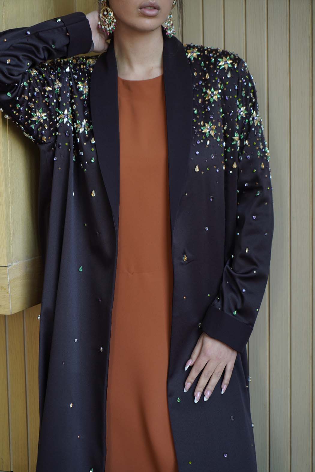 Starlit Night Abaya: Multi-Colored Embellishments on Deep Black