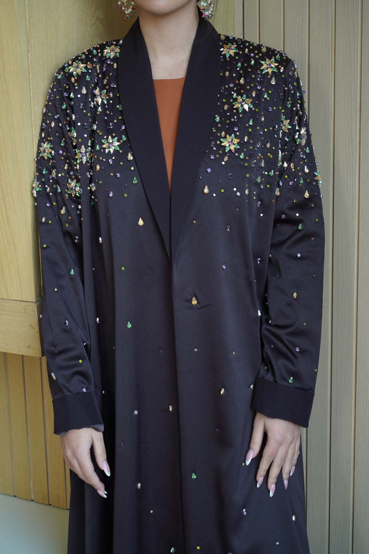 Starlit Night Abaya: Multi-Colored Embellishments on Deep Black