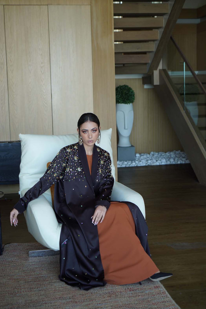 Starlit Night Abaya: Multi-Colored Embellishments on Deep Black