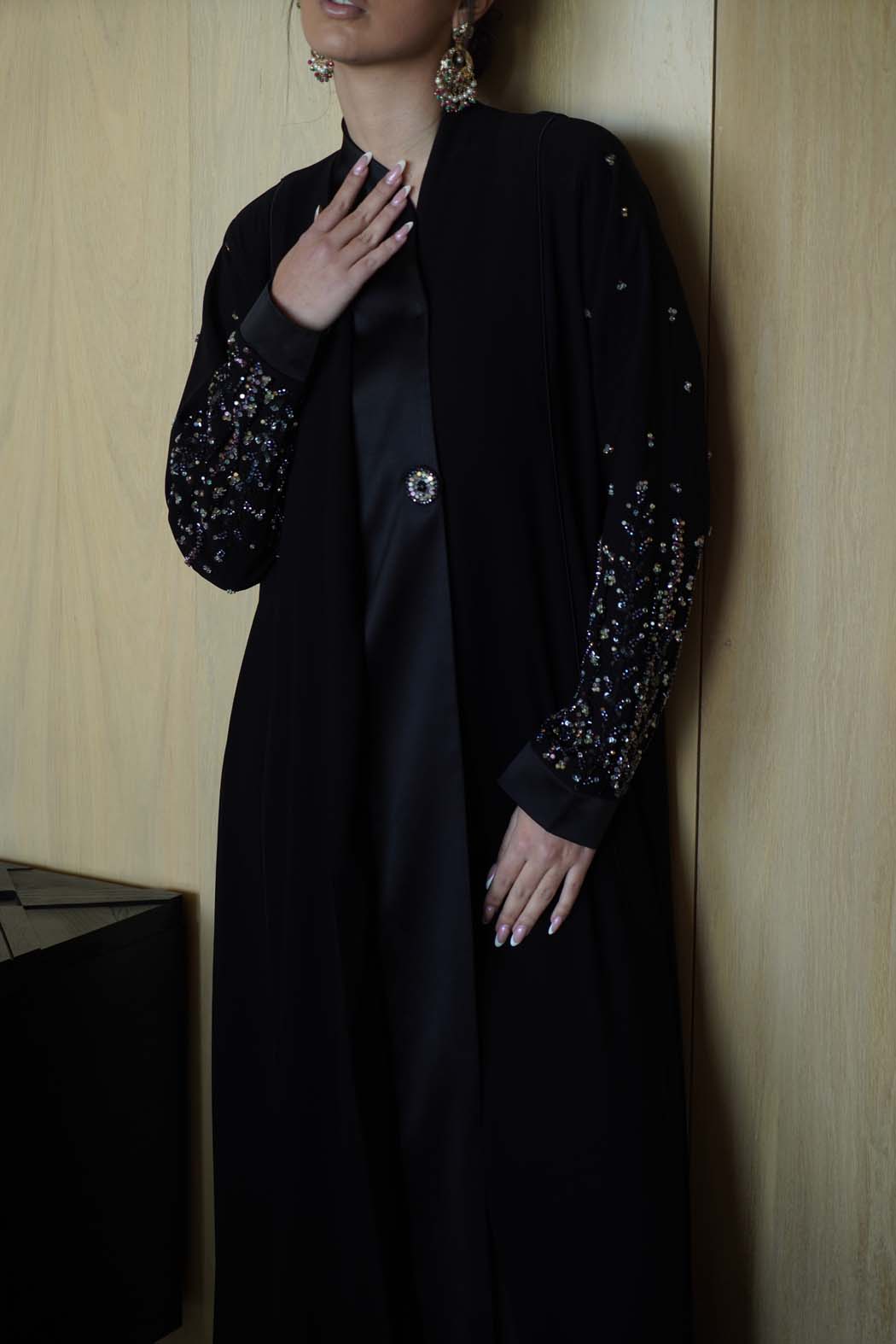 "Night Glow" Abaya: Luxurious Black Satin with Shimmering Sequin Sleeves