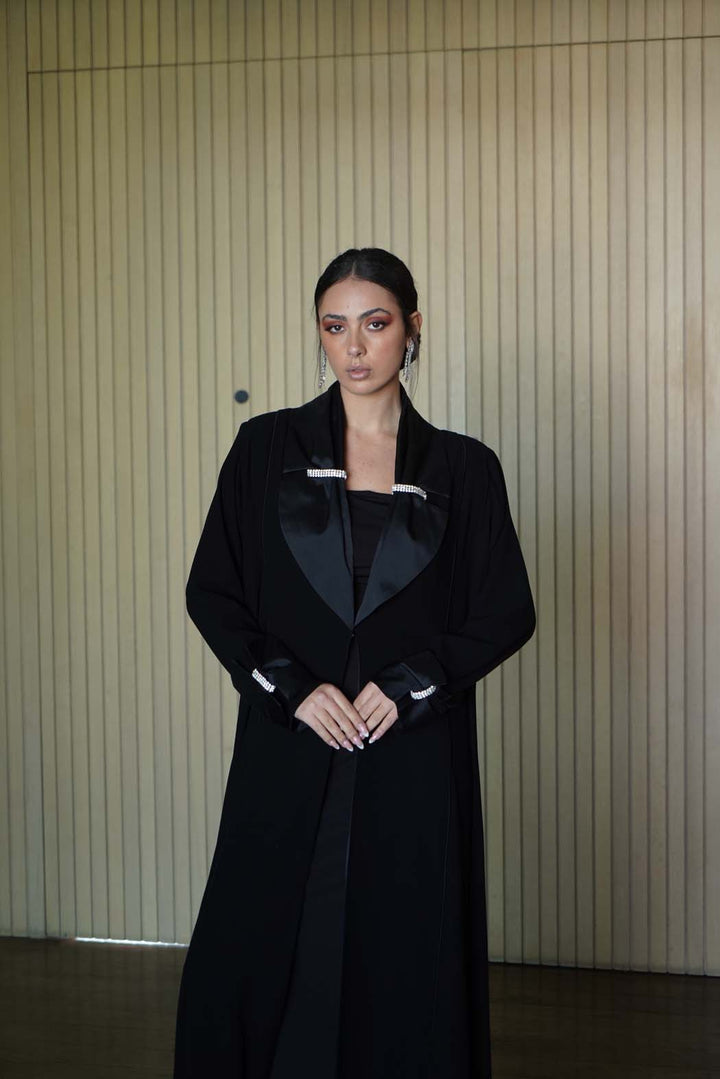 "Black Satin Chic" Abaya with Dazzling Crystal Accents