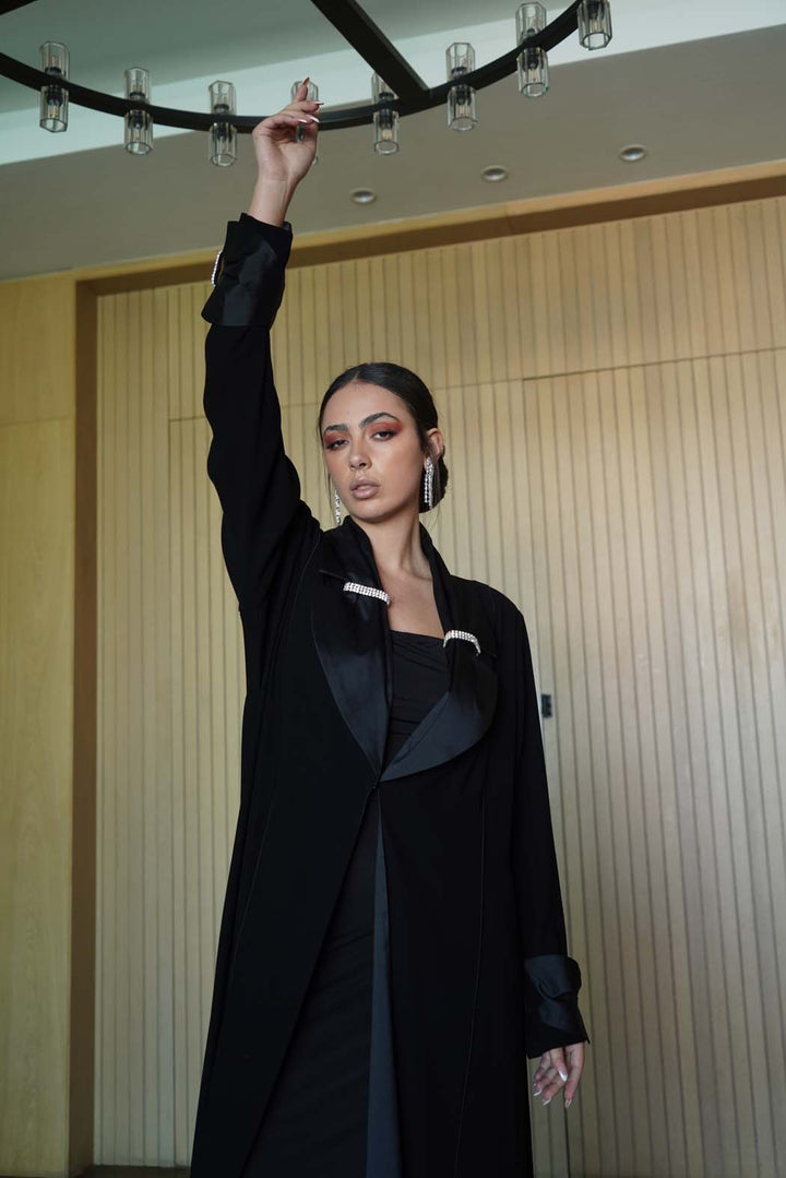 "Black Satin Chic" Abaya with Dazzling Crystal Accents