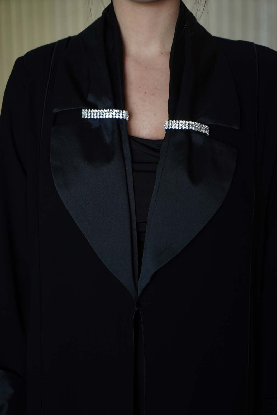 "Black Satin Chic" Abaya with Dazzling Crystal Accents